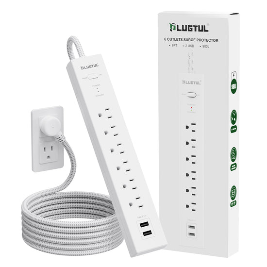 6 Outlets Power Strip with Surge Protector (980J), 2 USB Ports, 14 gauge, 6FT