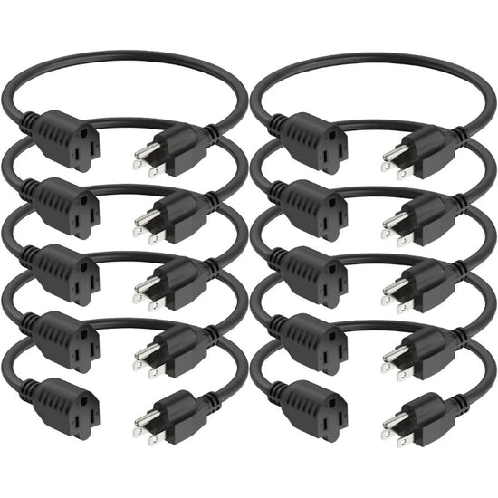 Extension Cord, 16 Gauge, 8 Inch, Black, 10 Pack
