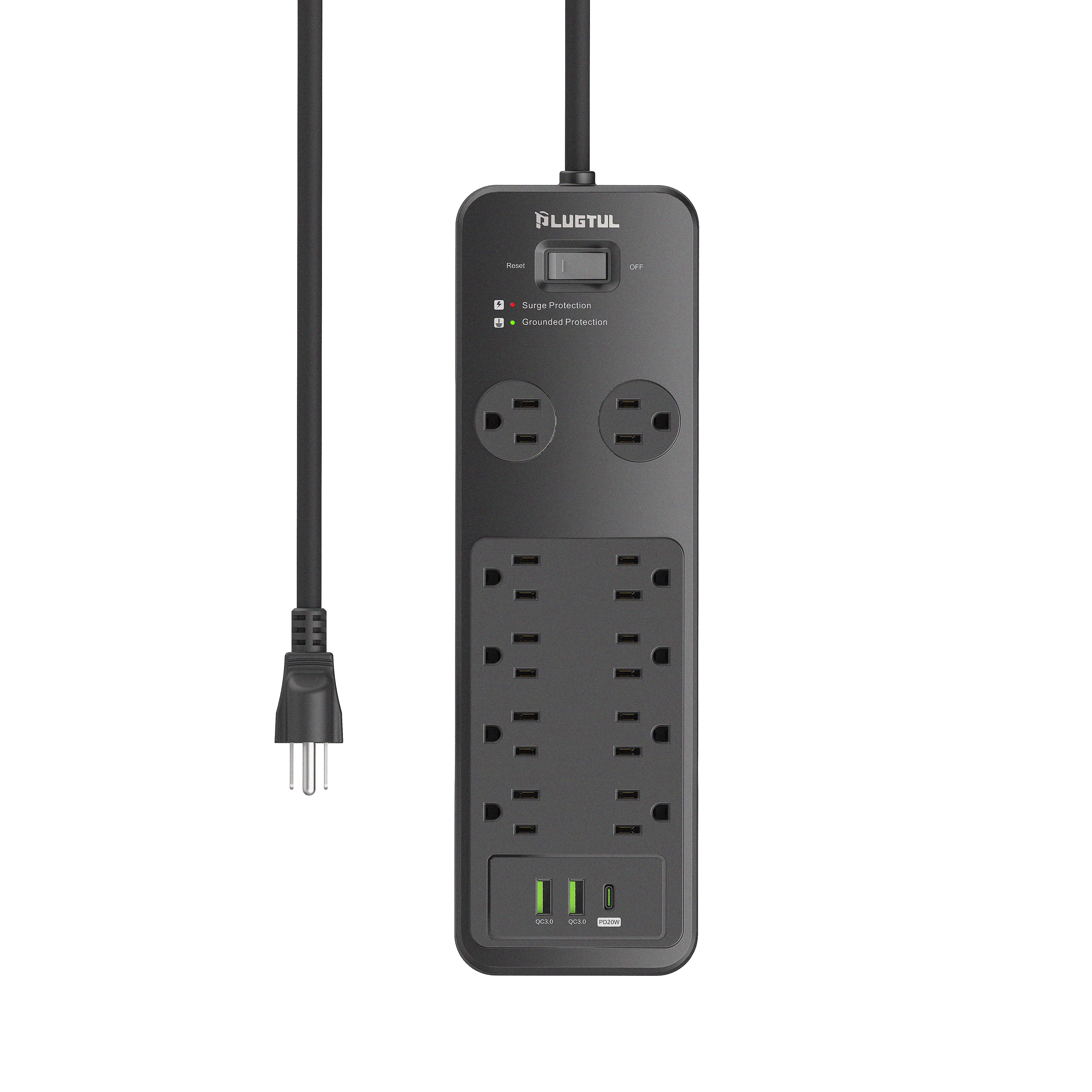 10 Outlets Power Strip With Surge Protector(2040J), 14 Gauge, Black