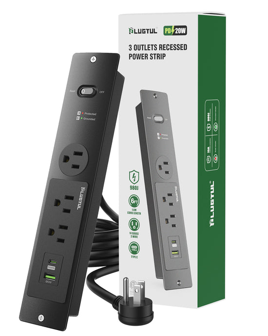 3 Outlets Recessed Power Strip with Surge Protector (980J),14 Gauge, Black