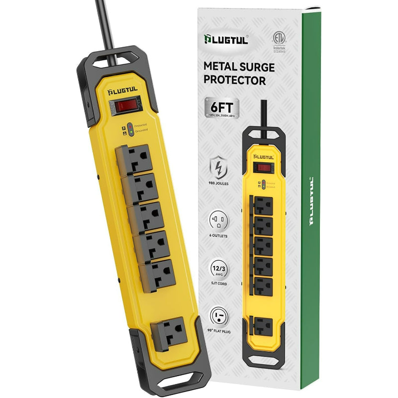 6 Outlets Metal Power Strip, 6FT, 20A, 12/3 AWG