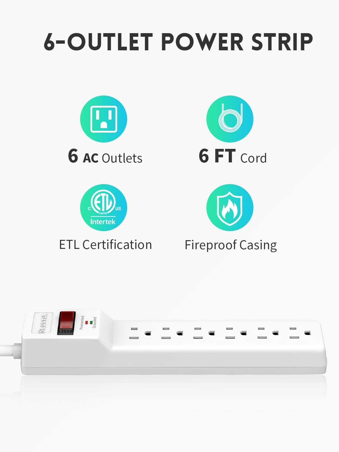 6 Outlets Power Strip With Surge Protector (980J), 14 AWG, 6FT