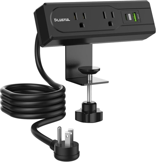 2 Outlets Desk Clamp Power Strip, 16 Gauge, Black