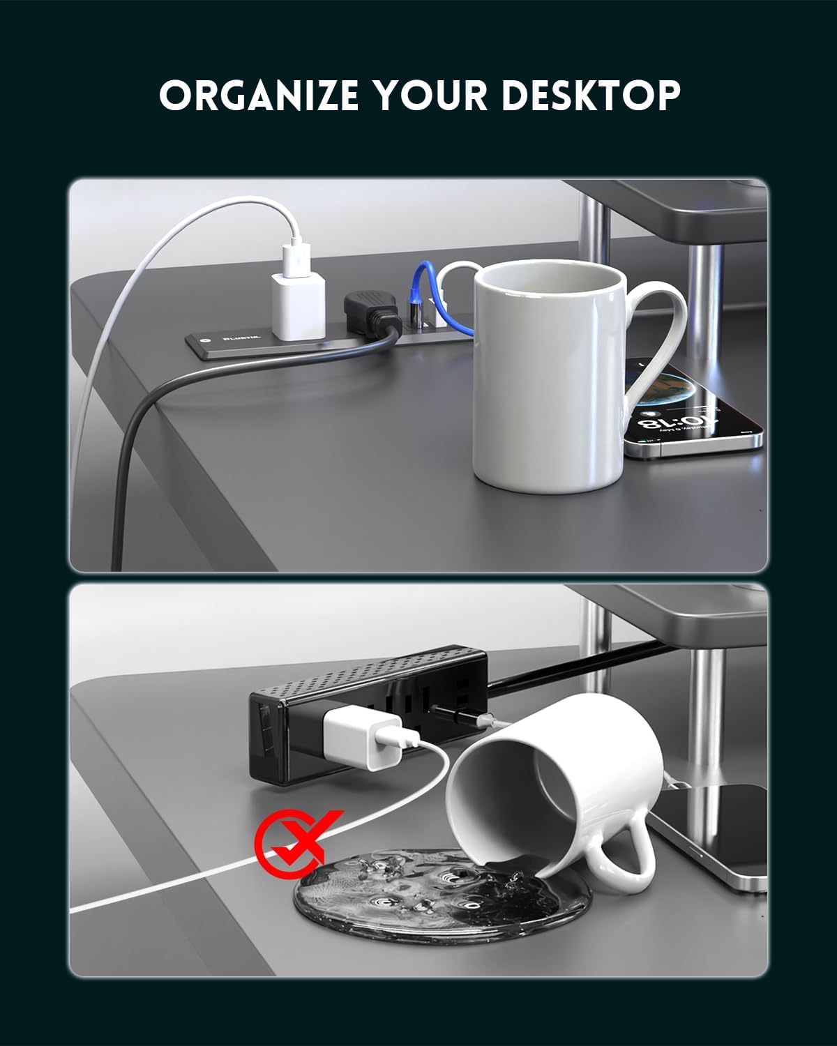 PLUGTUL 2 Outlet Recessed Power Strip, 16 AWG Flush Mount Furniture Power Outlet with Surge Protection, Desk & Countertop Hidden Power Grommet, ETL Listed