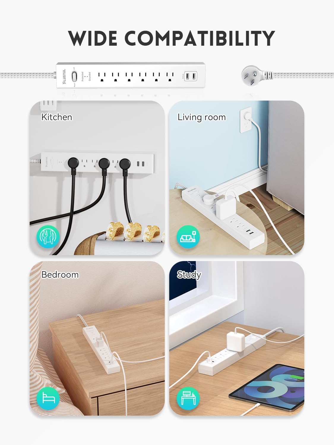 PLUGTUL 6 Outlet Surge Protector Power Strip with 2 USB Ports, 980 Joules, 14 AWG, 6FT Flat Plug, Wall Mount, ETL Listed