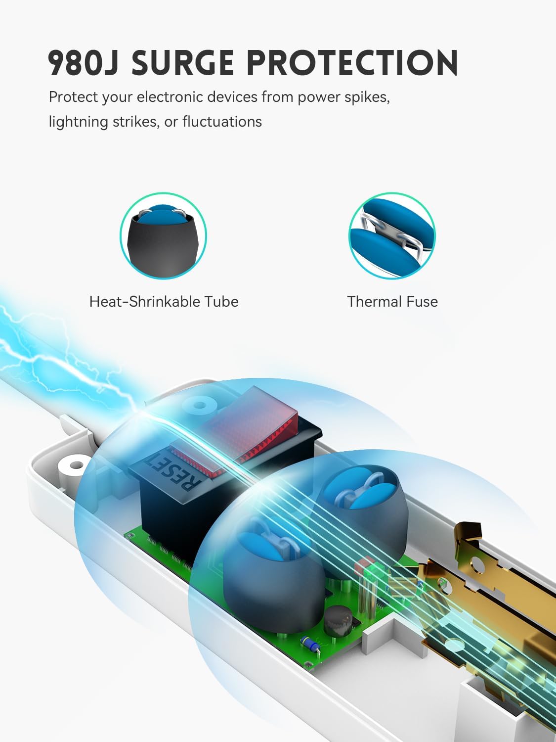 6 Outlets Power Strip With Surge Protector (980J), 14 AWG, 6FT