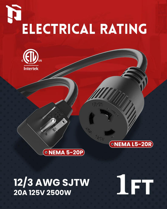 Cable de extensión adaptador NEMA 5-20P a NEMA L5-20R, calibre 12, 1 pie