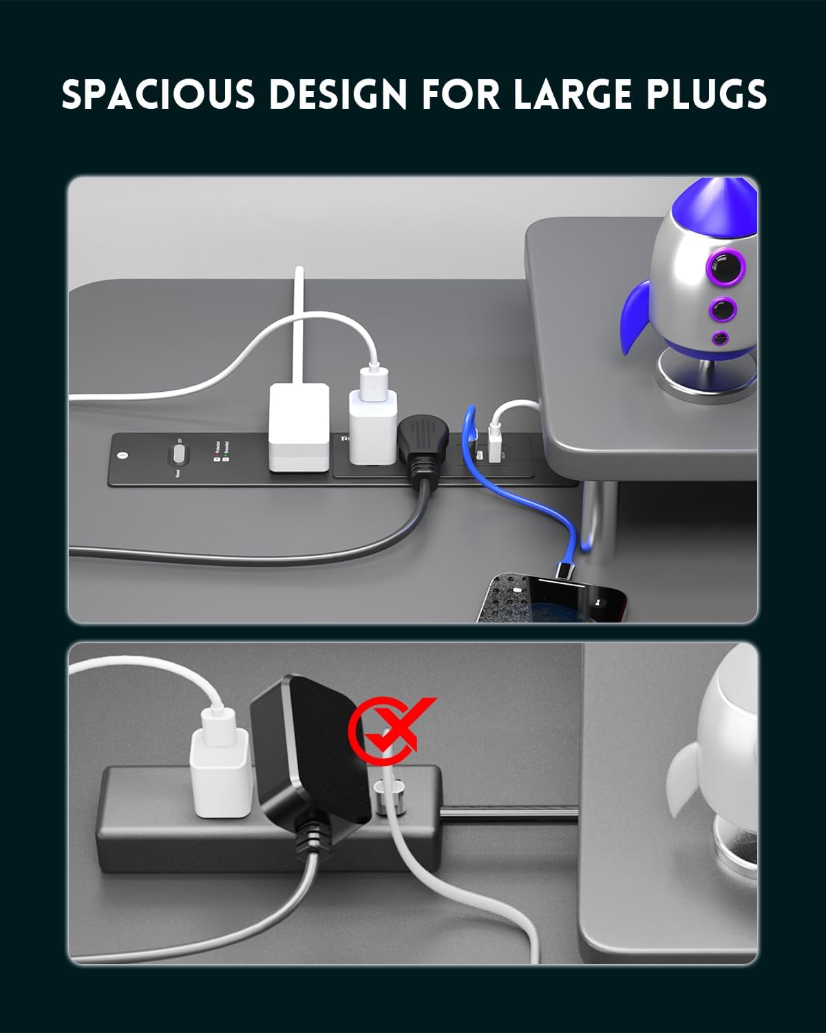 PLUGTUL 2 Outlet Recessed Power Strip, 16 AWG Flush Mount Furniture Power Outlet with Surge Protection, Desk & Countertop Hidden Power Grommet, ETL Listed