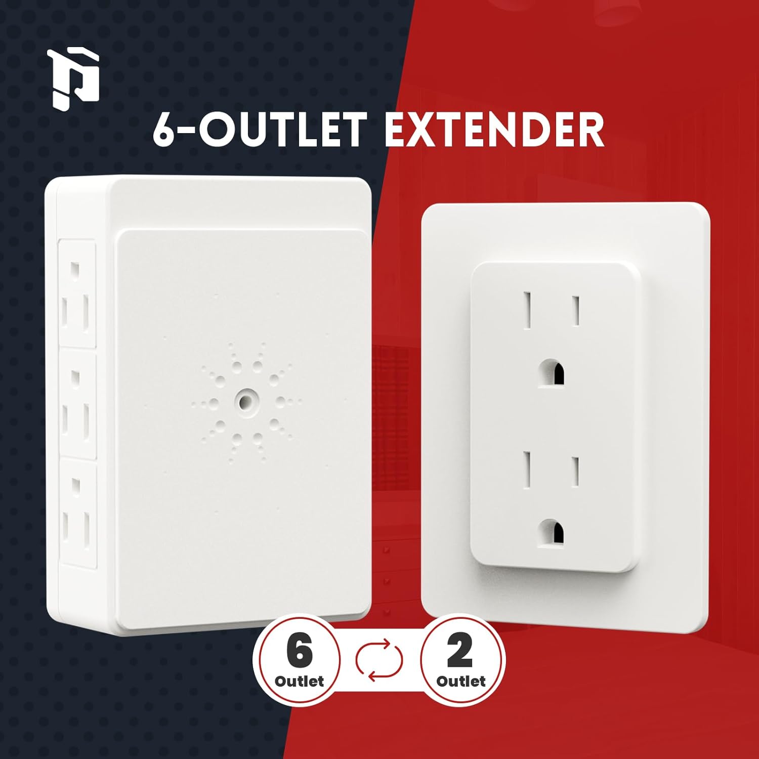 6 Side Outlet Plug Adapter, 2 Pack