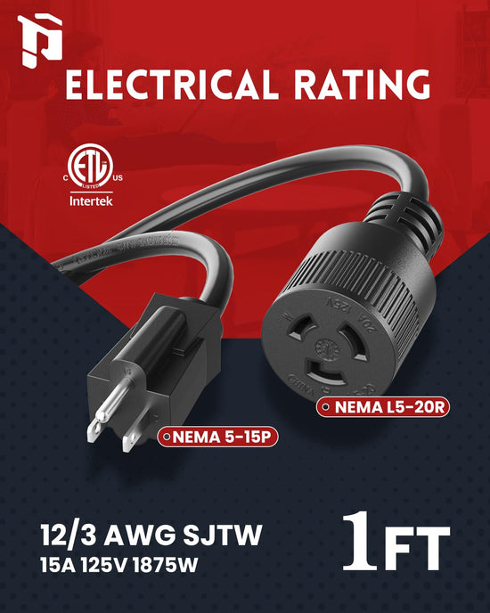 Cable de extensión adaptador NEMA 5-15P a NEMA L5-20R, calibre 12, 1 pie