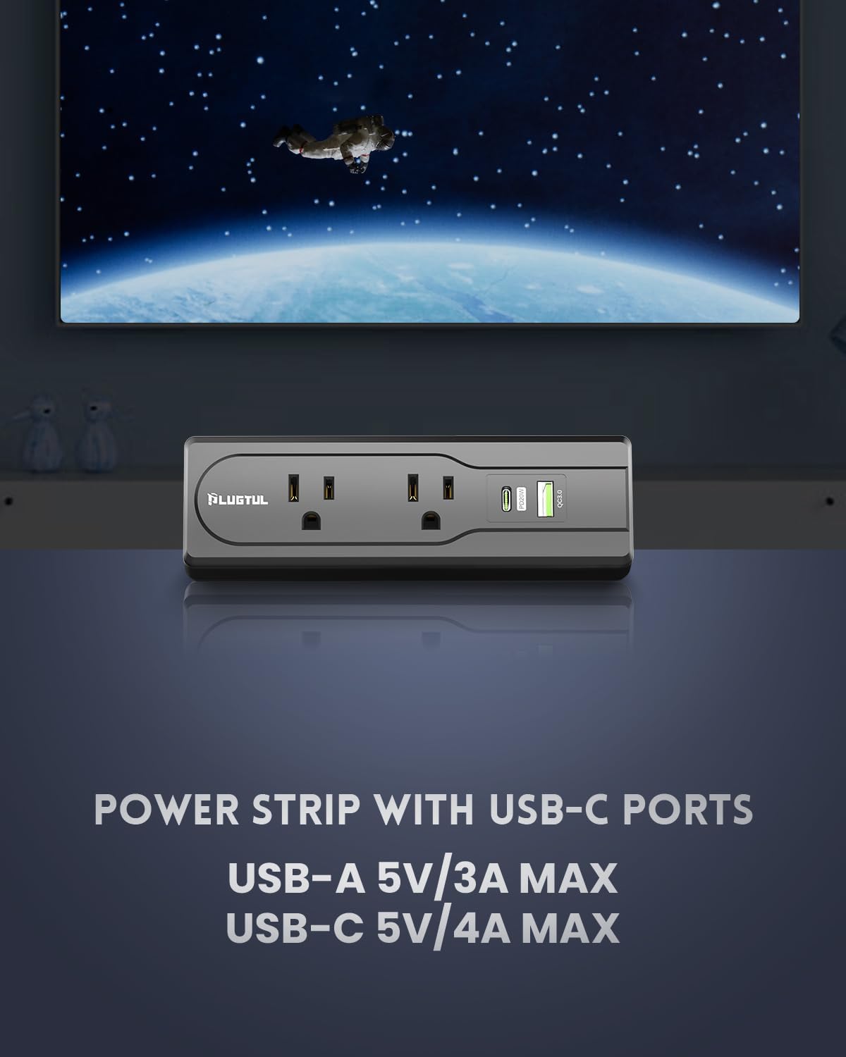 PLUGTUL Desk Clamp Power Strip with USB-C PD 20W, 2 Outlet Surge Protector, 16 AWG Extension Cord, Flat Plug, Desktop Edge Mount, ETL Listed