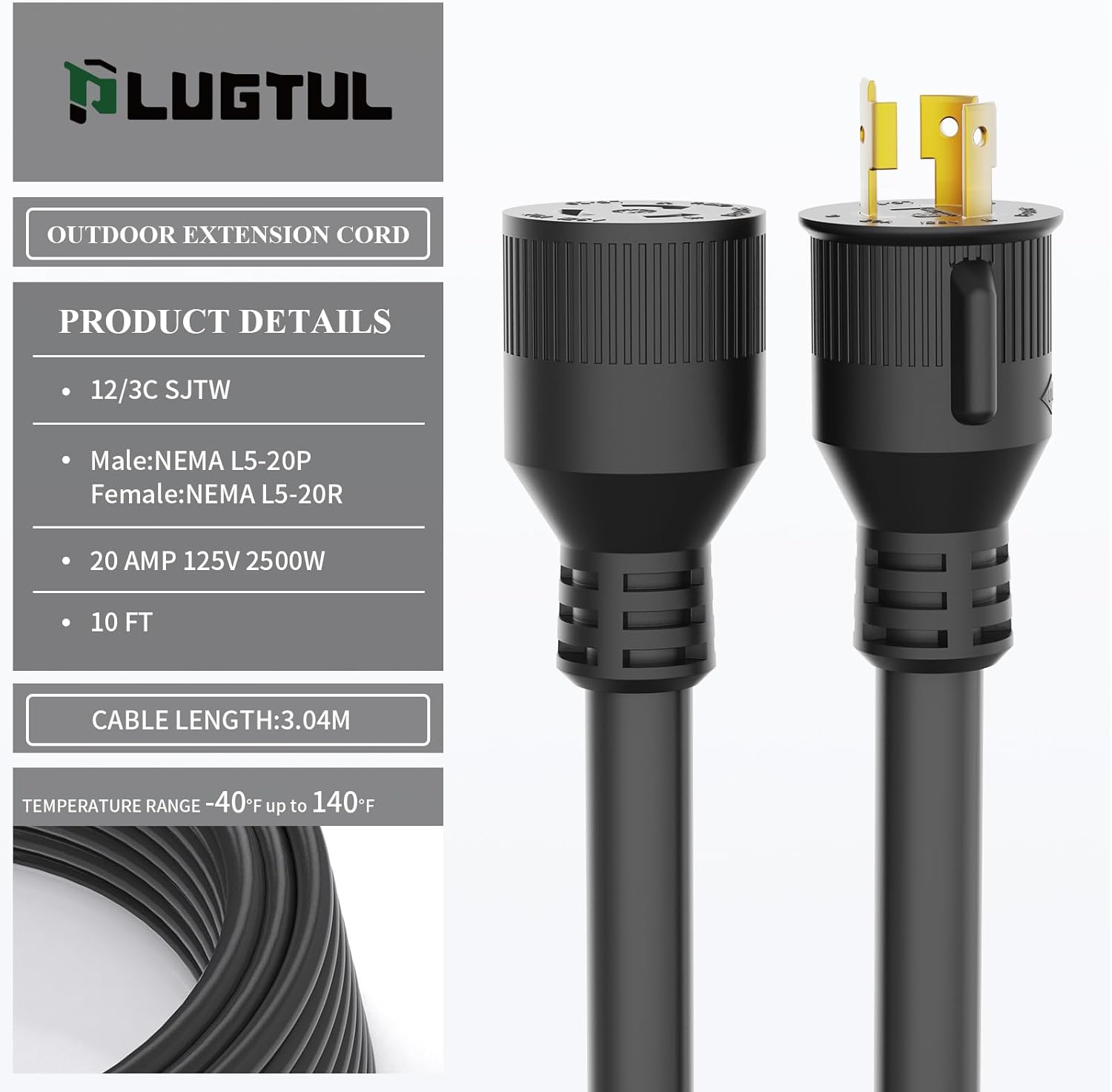 NEMA L5-20P to L5-20R Generator Extension Cord, 20A, 12AWG