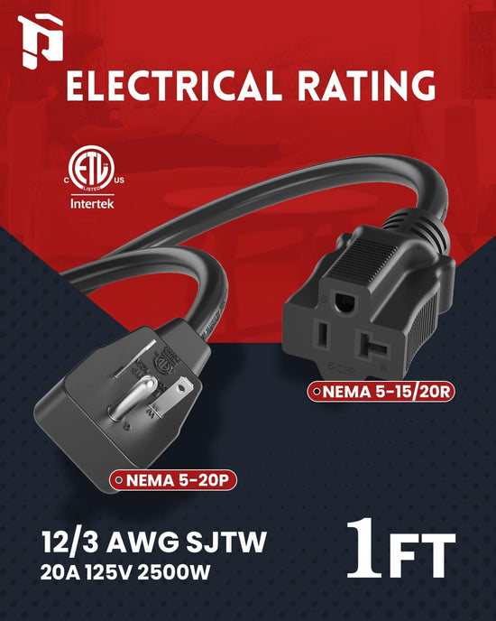 Cable de extensión de 20 amperios, calibre 12, 1 pie