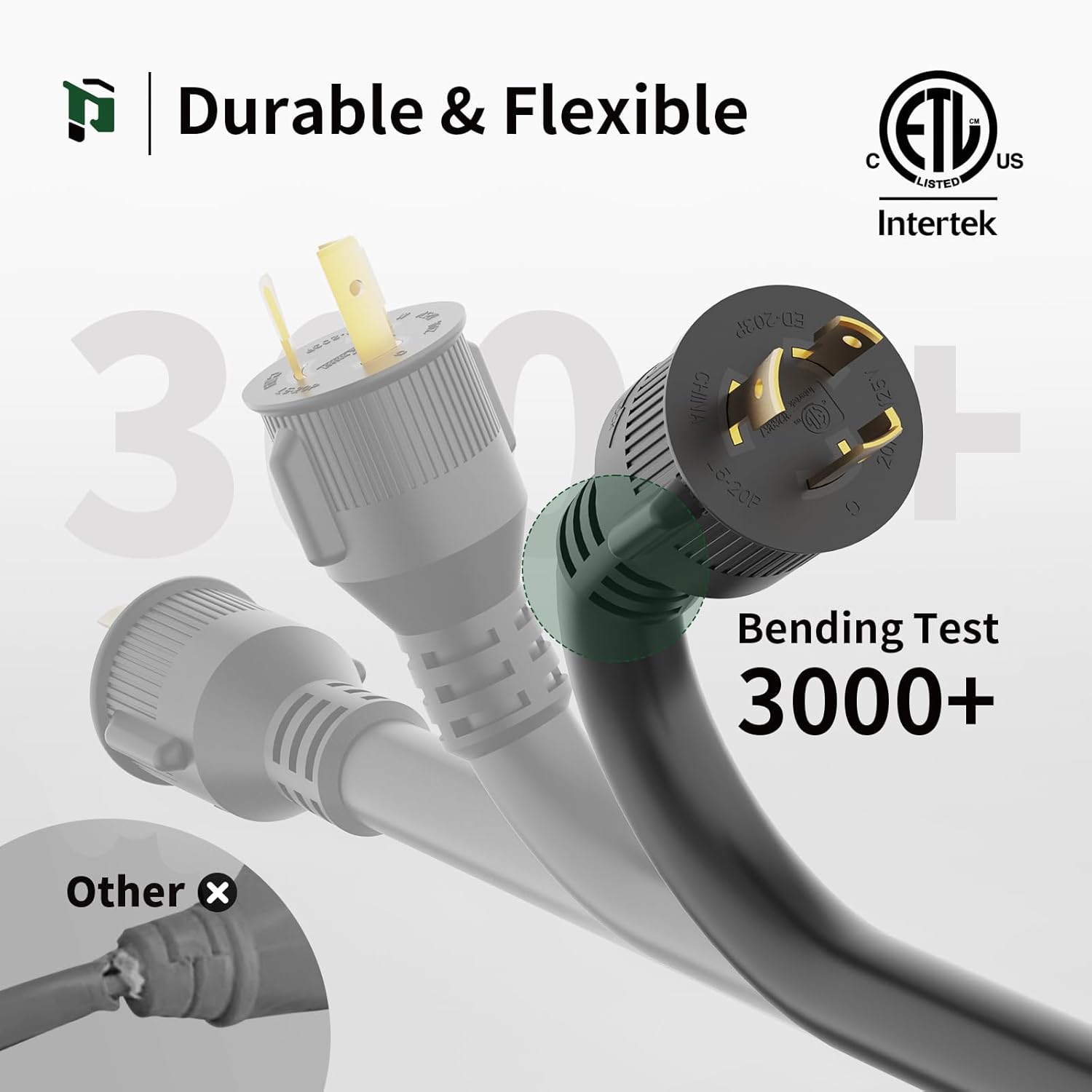 NEMA L5-20P to L5-20R Generator Extension Cord, 20A, 12AWG