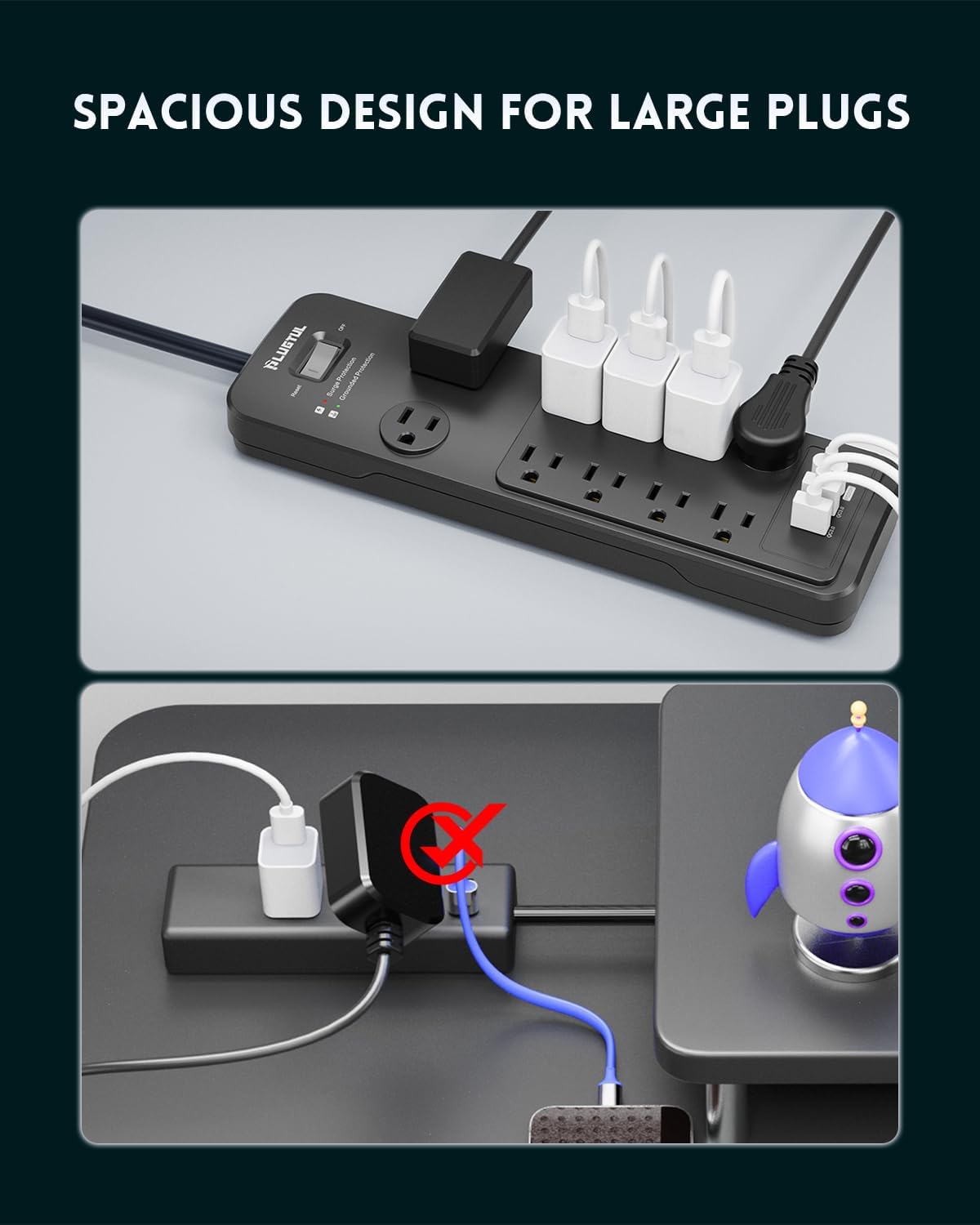 10 Outlets Power Strip With Surge Protector(2040J), 14 Gauge, Black