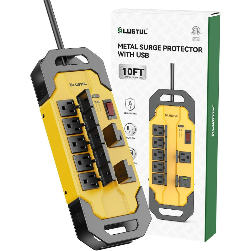6 Outlets Metal Power Strip with 2 USB ports (1 USB-A &1 USB-C), 10FT, 15A, 14/3 AWG
