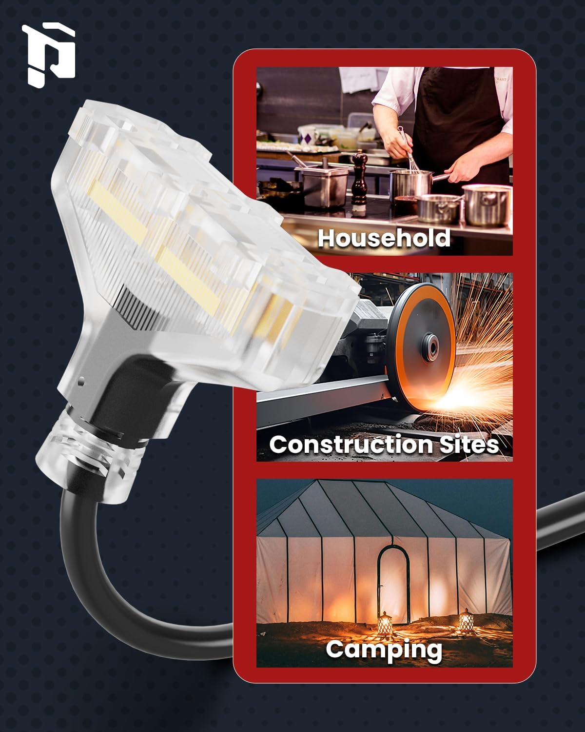 NEMA L5-20P to NEMA 3×5-15R Generator Cord Adapter, 1 FT, 12AWG