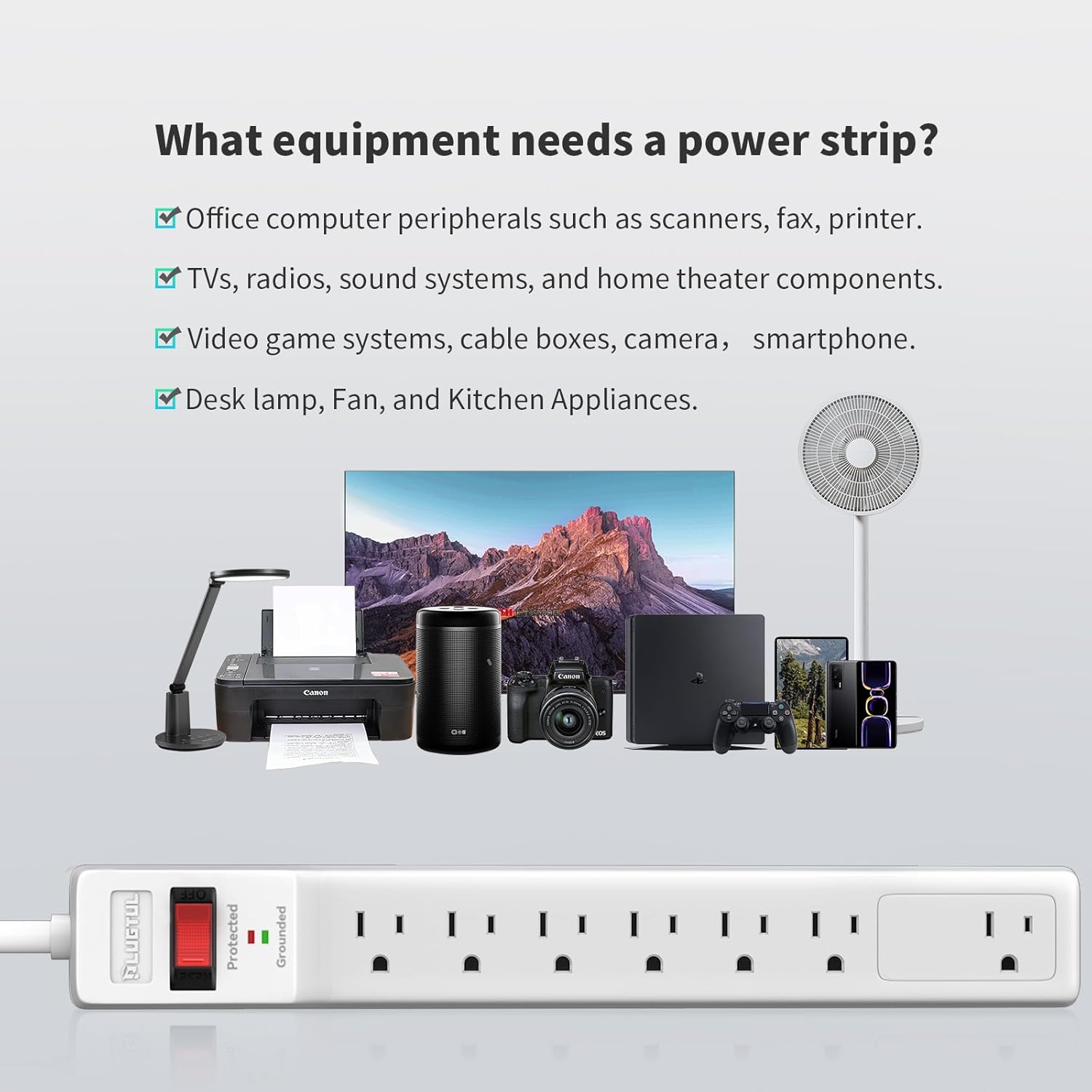 7 Outlets Power Strip With Surge Protector (980 Joules), 14 Gauge, White
