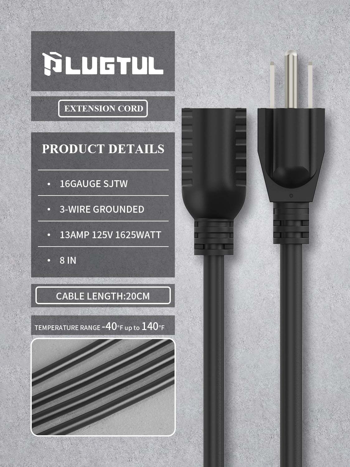 Cable de extensión, calibre 16, 8 pulgadas, negro, paquete de 10