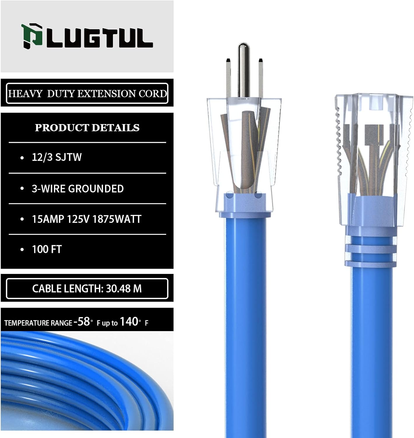 12AWG All-Weather Outdoor Extension Cord, Heavy Duty SJTW Waterproof Power Cable, ETL Listed, 125V 15A 3-Prong Grounded Extension Cord for Jobsite, Generator, Power Tools & Outdoor Use