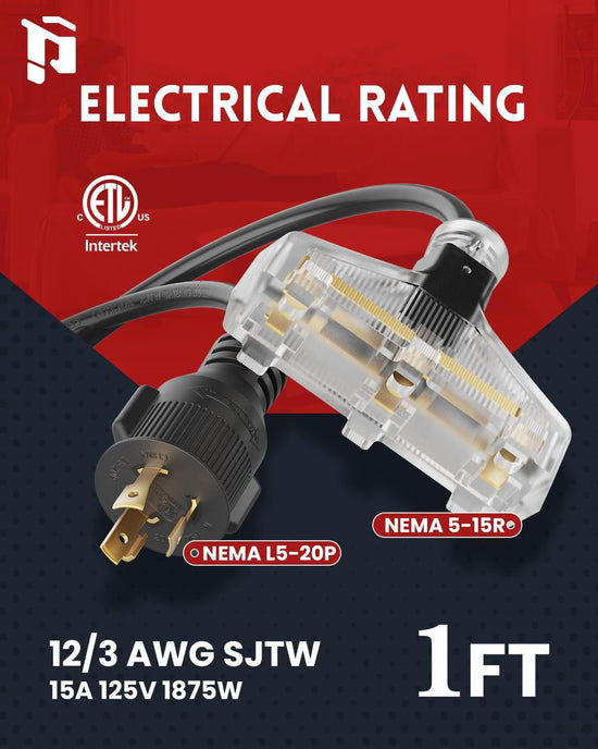 NEMA L5-20P to NEMA 3×5-15R Generator Cord Adapter, 1 FT, 12AWG