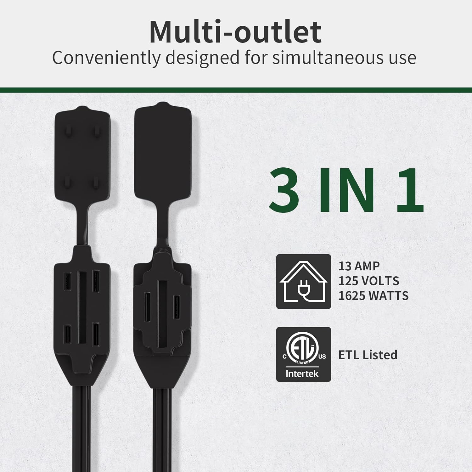 Cable de extensión para interiores (paquete de 3, calibre 16, 6 pies, 9 pies y 12 pies)