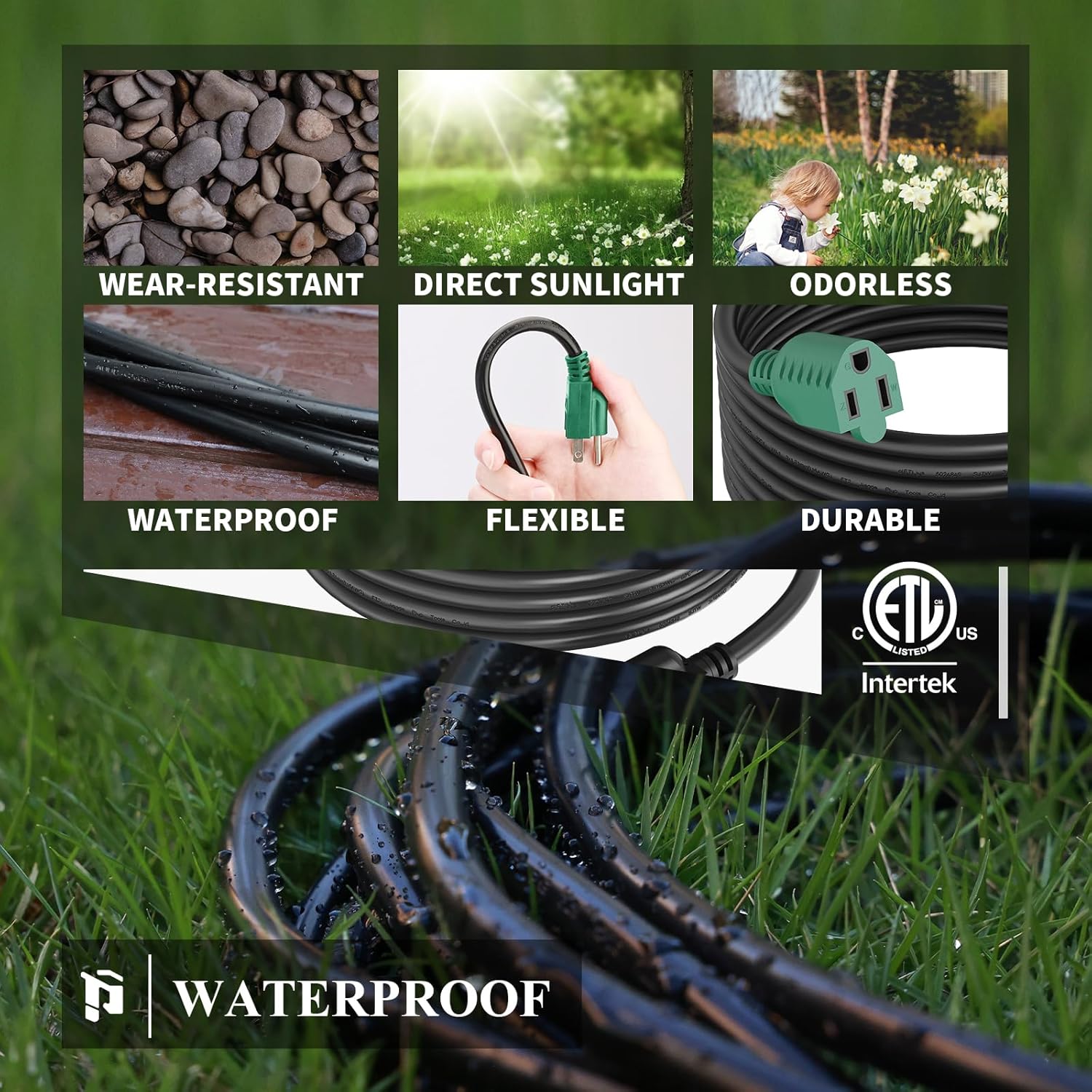 Cable de extensión para exteriores, calibre 16, negro