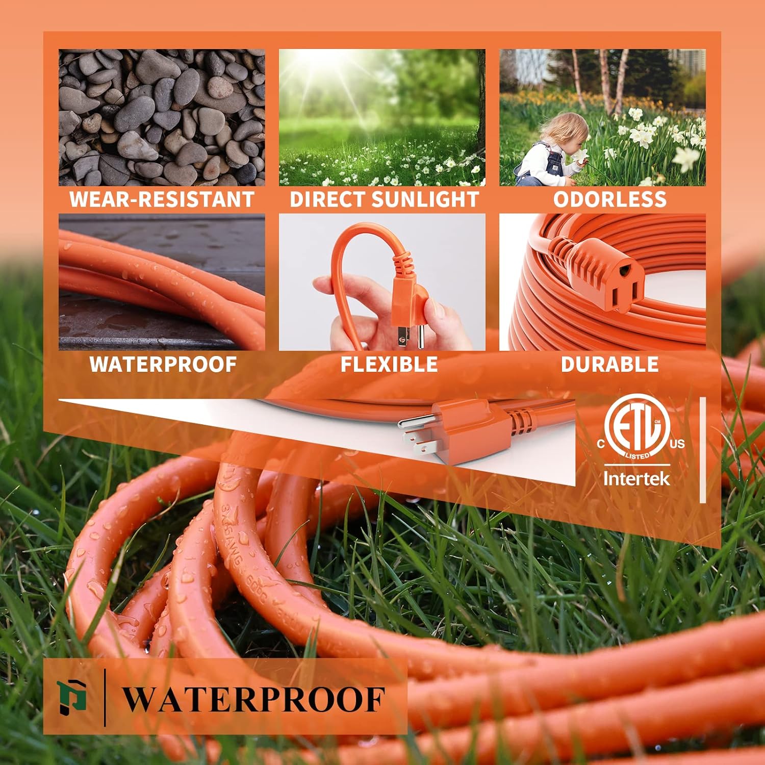 Cable de extensión para exteriores, calibre 16, color naranja