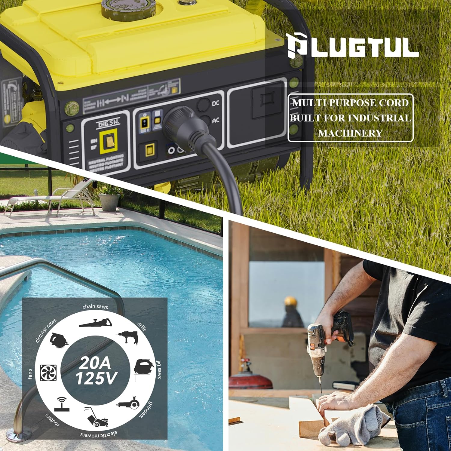 NEMA L5-20P to L5-20R Generator Extension Cord, 20A, 12AWG