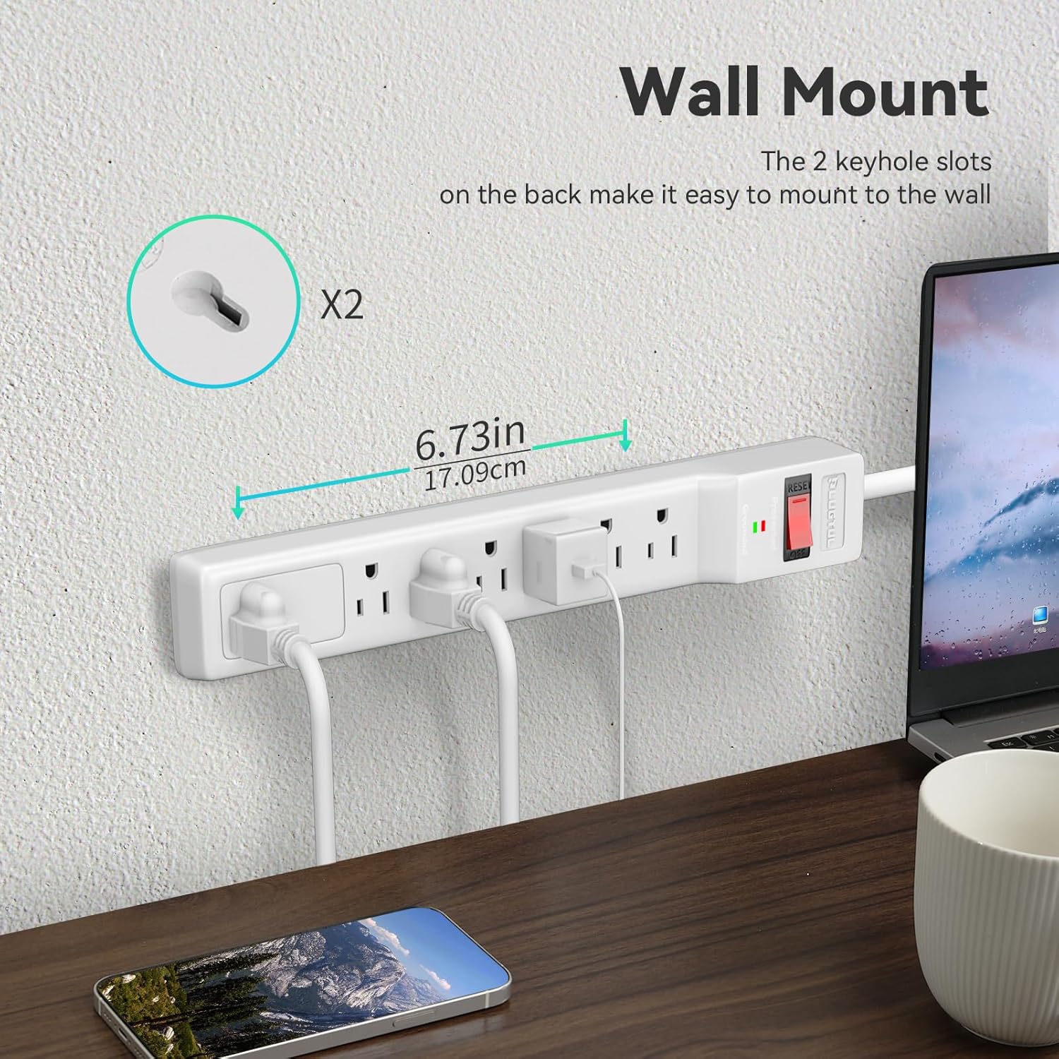 7 Outlets Power Strip With Surge Protector (980 Joules), 14 Gauge, White