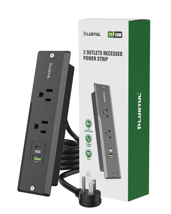 2 Outlets Recessed Power Strip, 16 Gauge, Black