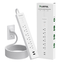 PLUGTUL 6 Outlet Surge Protector Power Strip with 2 USB Ports, 980 Joules, 14 AWG, 6FT Flat Plug, Wall Mount, ETL Listed