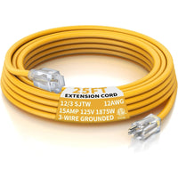 12AWG Yellow Outdoor Extension Cord with Lighted End, Heavy Duty SJTW Waterproof Power Cord, ETL Listed, 3-Prong Grounded Extension Cable for Jobsite, Power Tools & Outdoor Equipment