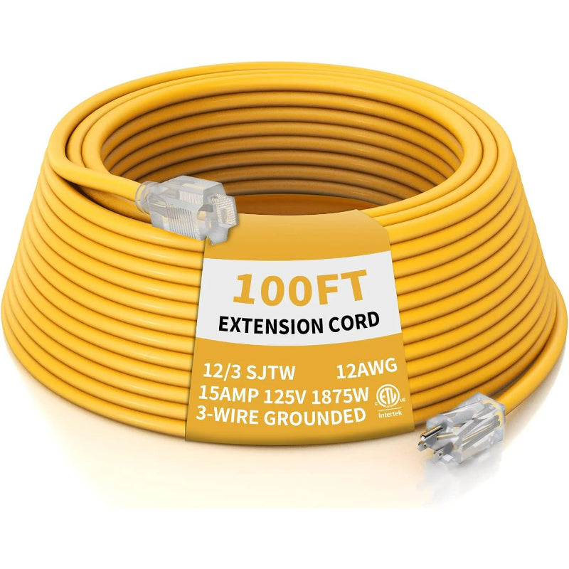 12AWG Yellow Outdoor Extension Cord with Lighted End, Heavy Duty SJTW Waterproof Power Cord, ETL Listed, 3-Prong Grounded Extension Cable for Jobsite, Power Tools & Outdoor Equipment