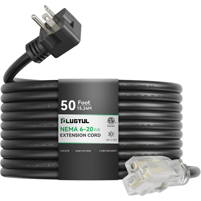 NEMA 6-20 Extension Cord with Lighted End, 12AWG 20 Amp 250V Heavy Duty Power Cord, SJTW ETL Listed, 6-20P to 6-15/20R Extension Cable for Power Tools, Generators, and Appliances