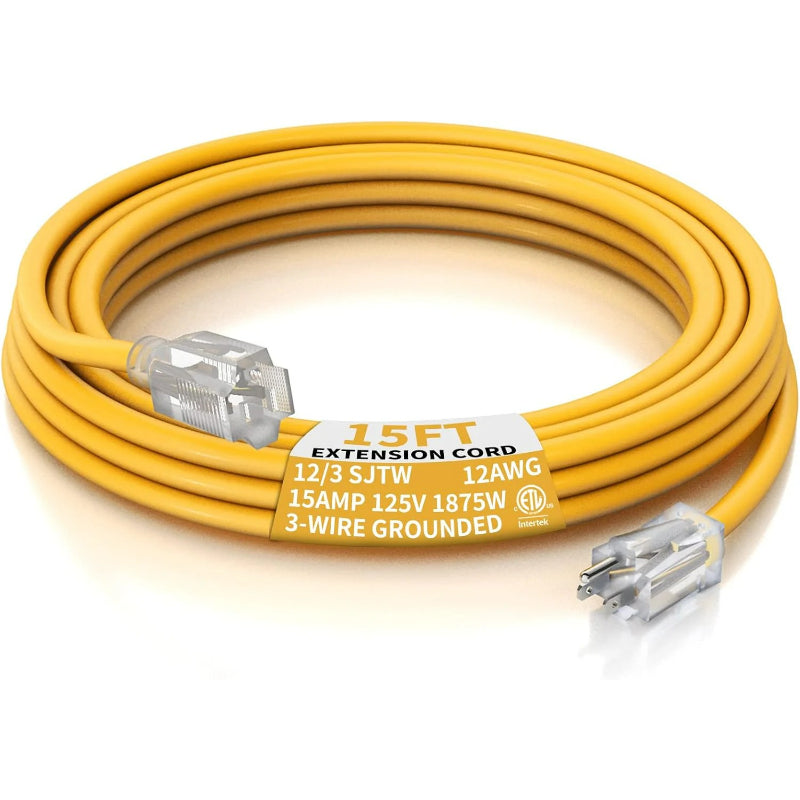 12AWG Yellow Outdoor Extension Cord with Lighted End, Heavy Duty SJTW Waterproof Power Cord, ETL Listed, 3-Prong Grounded Extension Cable for Jobsite, Power Tools & Outdoor Equipment