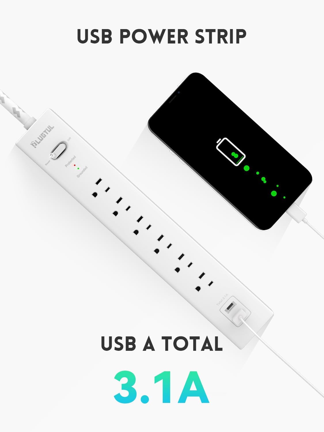 PLUGTUL 6 Outlet Surge Protector Power Strip with 2 USB Ports, 980 Joules, 14 AWG, 6FT Flat Plug, Wall Mount, ETL Listed