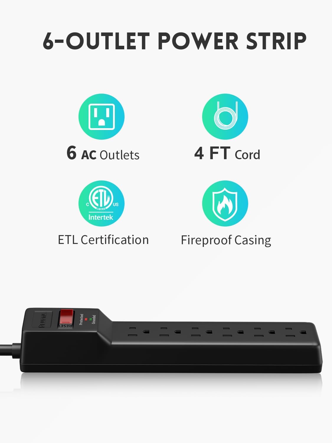 6 Outlets Power Strip With Surge Protector (980J), 14 Gauge, 4 FT, 2-Pack