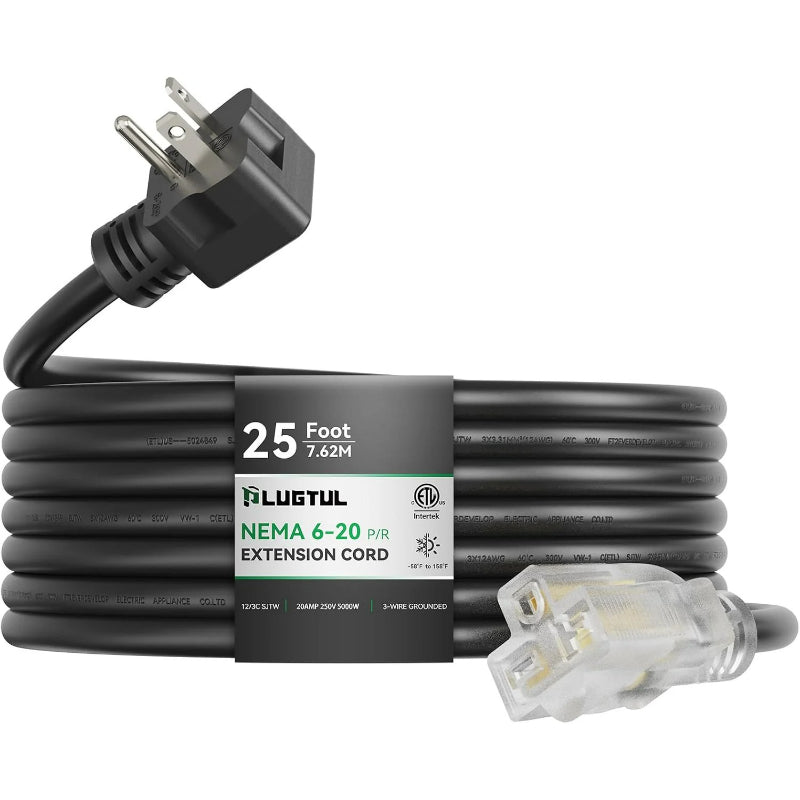 NEMA 6-20 Extension Cord with Lighted End, 12AWG 20 Amp 250V Heavy Duty Power Cord, SJTW ETL Listed, 6-20P to 6-15/20R Extension Cable for Power Tools, Generators, and Appliances