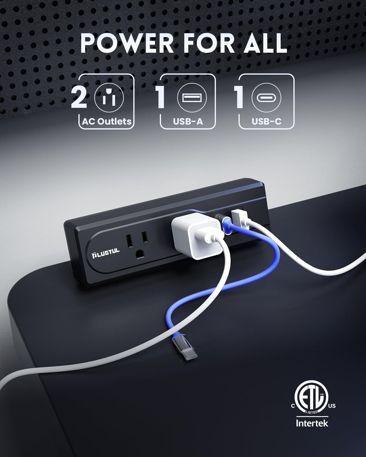 PLUGTUL Desk Clamp Power Strip with USB-C PD 20W, 2 Outlet Surge Protector, 16 AWG Extension Cord, Flat Plug, Desktop Edge Mount, ETL Listed