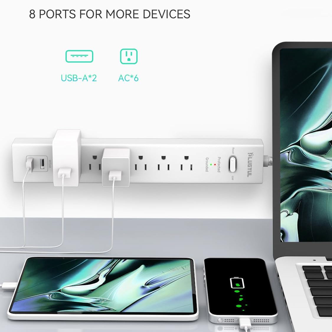 PLUGTUL 6 Outlet Surge Protector Power Strip with 2 USB Ports, 980 Joules, 14 AWG, 6FT Flat Plug, Wall Mount, ETL Listed