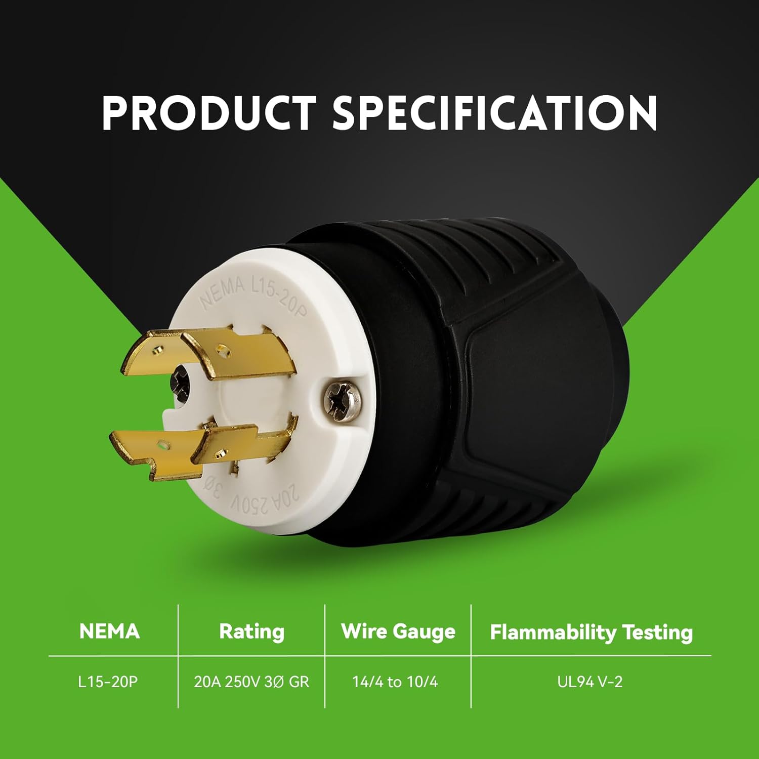 NEMA L15-20P Twist Lock Plug, 20A 250V 3-Phase Locking Male Plug, Industrial Grade Heavy-Duty Power Plug