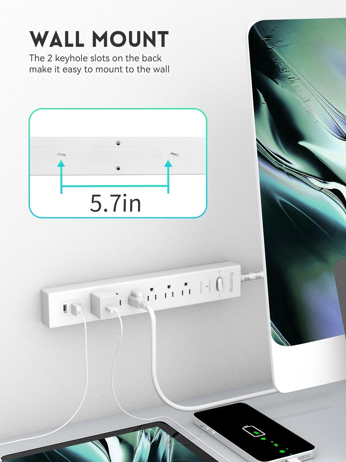 PLUGTUL 6 Outlet Surge Protector Power Strip with 2 USB Ports, 980 Joules, 14 AWG, 6FT Flat Plug, Wall Mount, ETL Listed