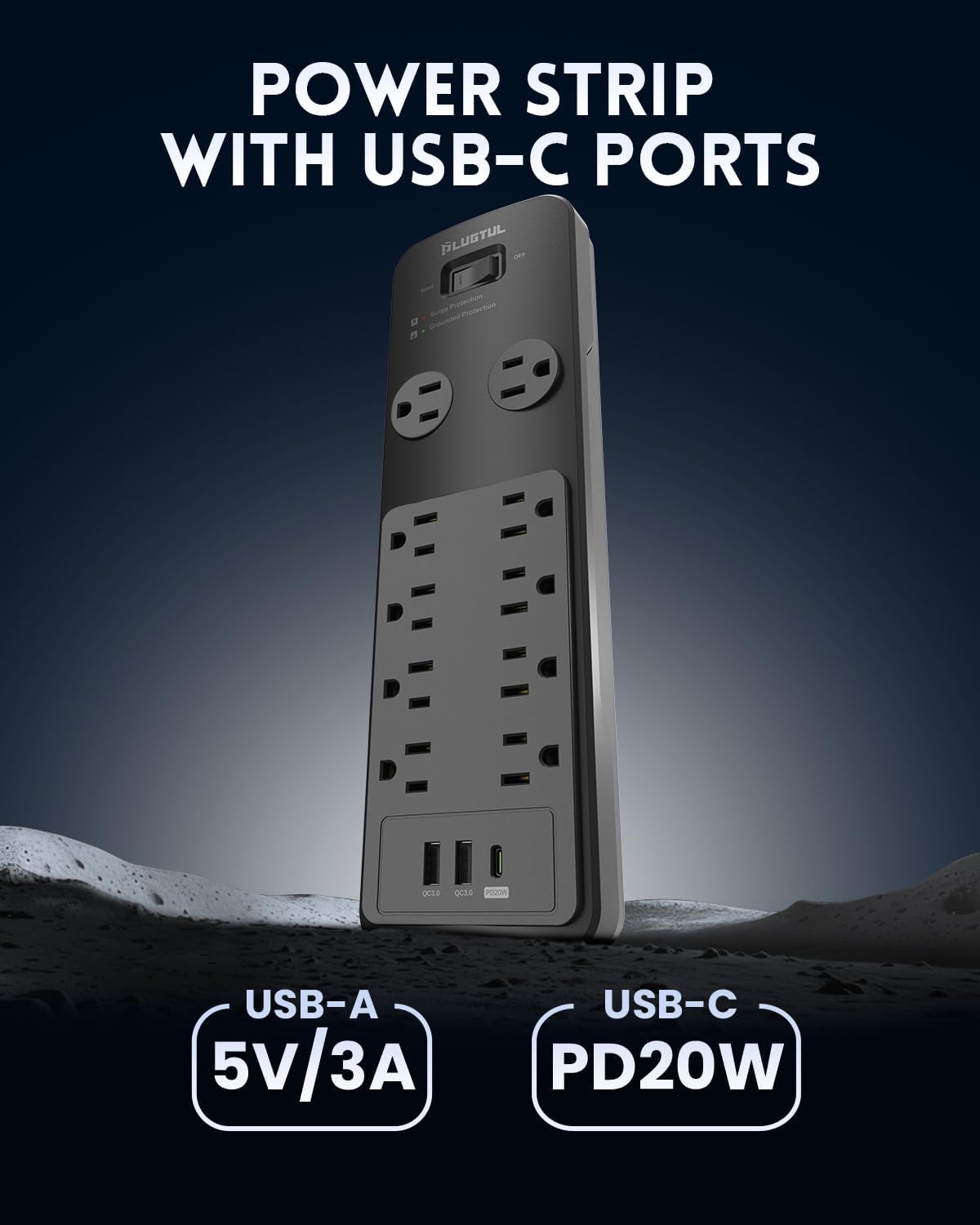 10 Outlets Power Strip With Surge Protector(2040J), 14 Gauge, Black