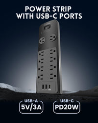 10 Outlets Power Strip With Surge Protector(2040J), 14 Gauge, Black