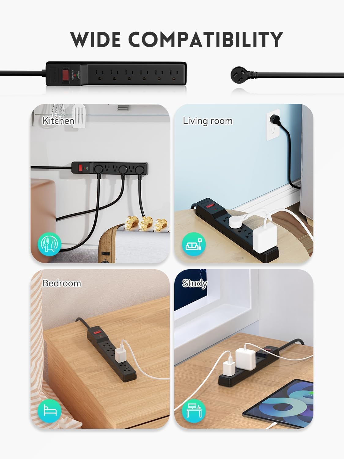 6 Outlets Power Strip With Surge Protector (980 Joules), 14 Gauge, 4FT, 1875W, 15A, 2 Pack