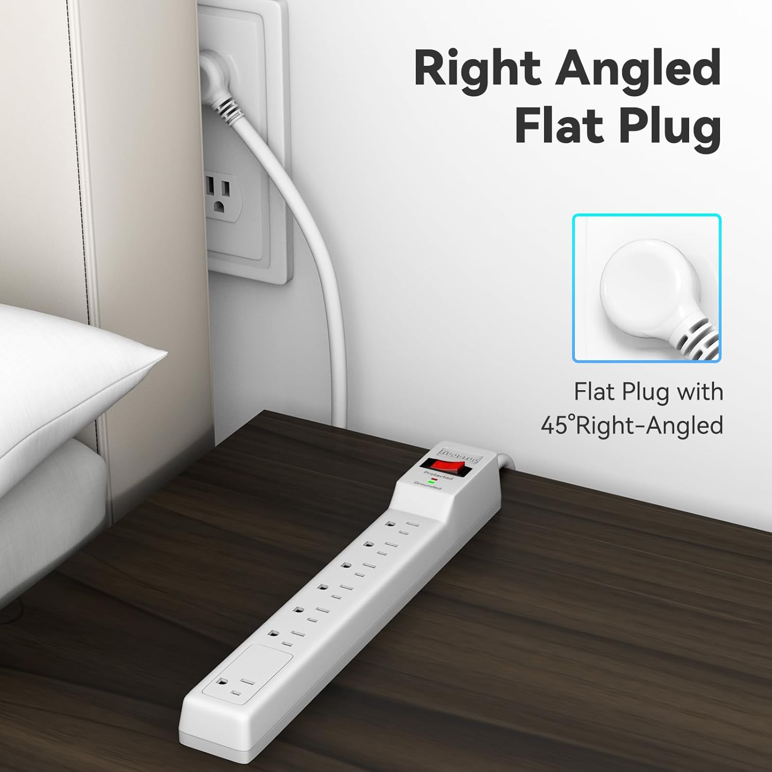 7 Outlets Power Strip With Surge Protector (980 Joules), 14 Gauge, White