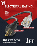 NEMA L5-20P to 5-15/20R Adapter Extension Cord, 12AWG 20 Amp Twist Lock Generator Adapter, Lighted End, SJTW ETL Listed Power Cord for Generator & Emergency Backup