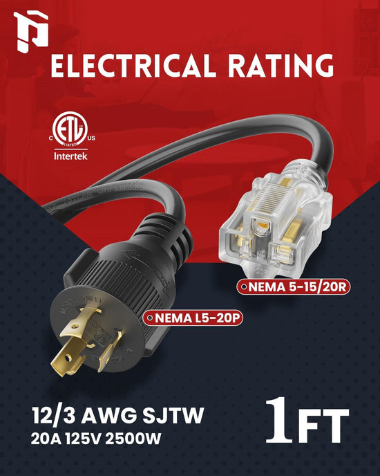 Cable de extensión adaptador NEMA L5-20P a NEMA 5-15/20R, calibre 12, 1 pie 