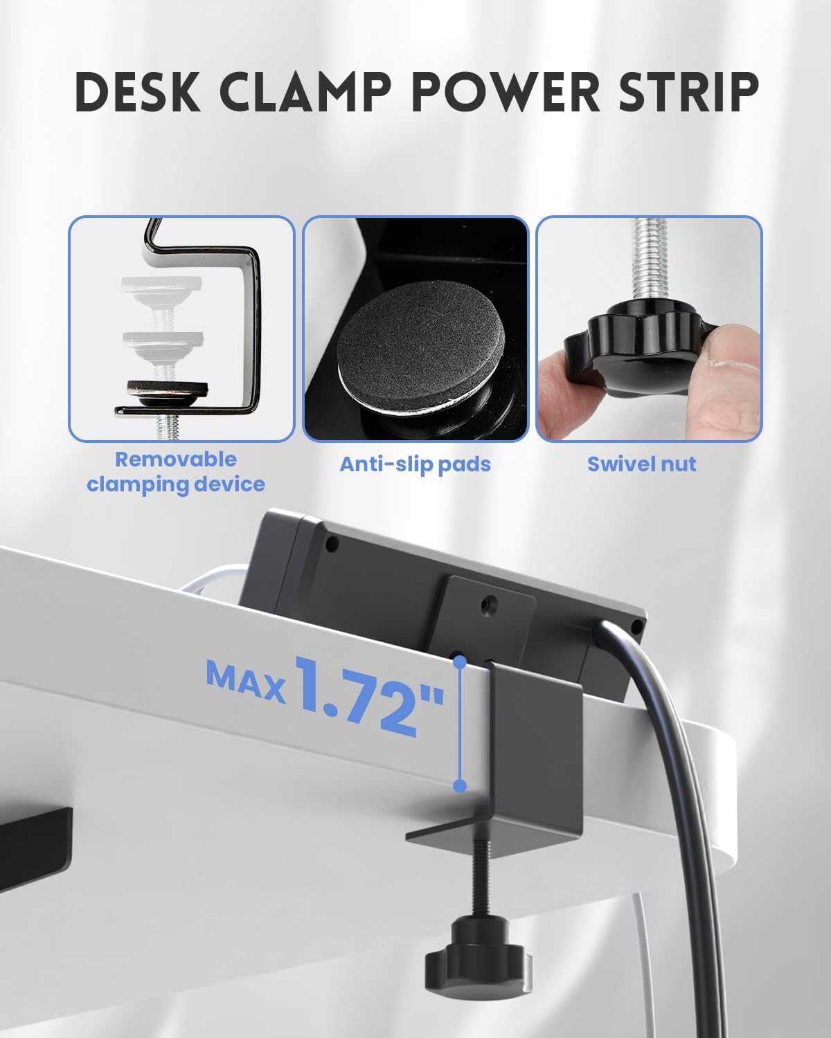 PLUGTUL Desk Clamp Power Strip with USB-C PD 20W, 2 Outlet Surge Protector, 16 AWG Extension Cord, Flat Plug, Desktop Edge Mount, ETL Listed